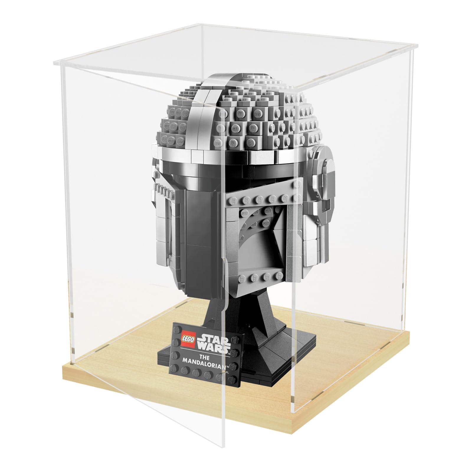 Choowin Acrylic Display Case for Lego Star Wars Helmet Mandalorian Helmet 75328 75408 75304 for Lego R2D2 75379 Thickened Clear Display Cases for Collectibles Assemble Dustproof Box with Door, Wood