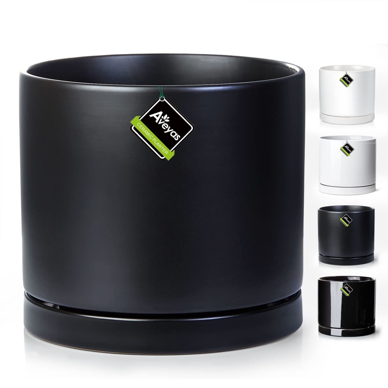 Aveyas 6/8/10 inch Ceramic Planter Pot with Drainage Hole & Saucer, Glazed Mid Century Modern Cylinder Medium Plants Pot for Indoor Floor Decor Snake Flower Fiddle Leaf Fig Pots (8inch Matte Black)