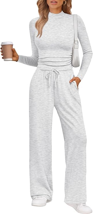 Trendy Queen Womens 2 Piece Matching Lounge Set Mock Turtleneck Top Wide Leg Pants Casual Sweatsuit with Pockets