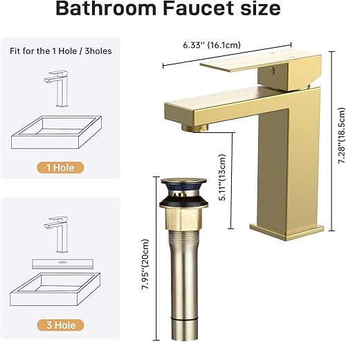 Miniatura 4 de Grifo dorado para fregadero de baño de 1 o 3 agujeros con tapón de drenaje desplegable y mangueras de suministro de agua, grifo de baño moderno sin