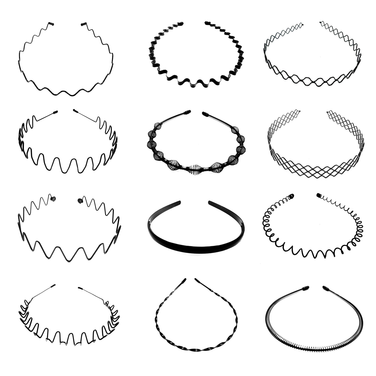 XNJIHWA 12Pcs Mens Hair Band Metal Hair Hoop Unisex Wave Headbands Hair Accessories for Outdoor Sports Fitness Daily Makeup Yoga,Black
