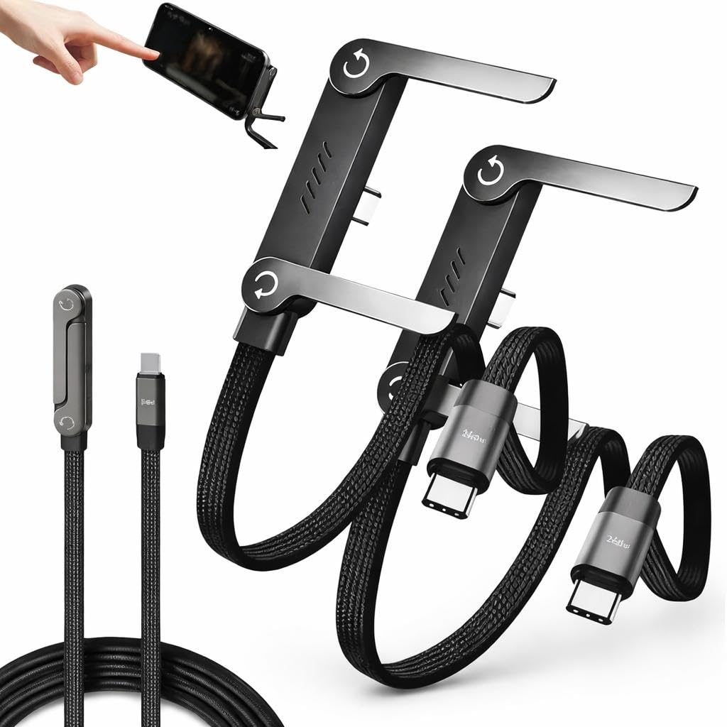 240W USB-C to USB-C Fast Charging Cable with Foldable Phone Stand, Right Angle Braided Type C Data Cable, Built-in Adjustable Holder for Smartphone, Tablet & Laptop (1.5M)