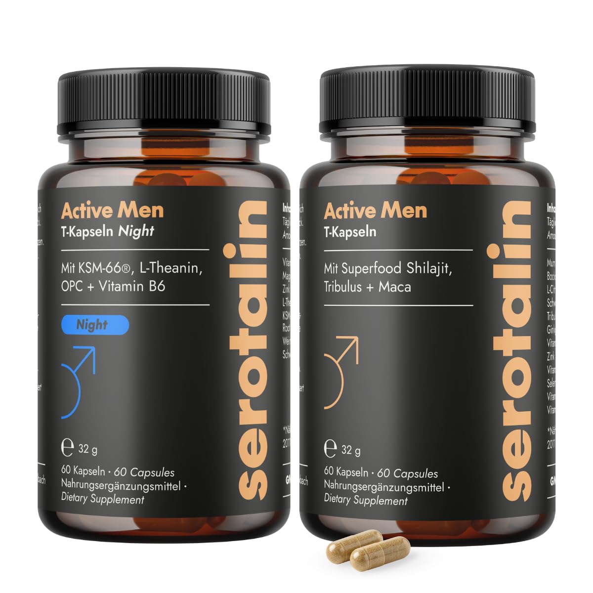serotalin Men Day & Night Vorteilspaket - Active Men T-Kapseln mit Maca & Night mit Ashwagandha hochdosiert - Made in Germany - 2 x 60 Kapseln