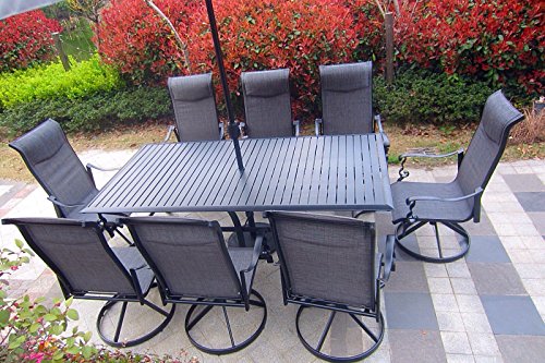 Pebble Lane Living All Weather Rust Proof Indoor/Outdoor 9 Piece Cast Aluminum Patio Dining Set, 1 Slat Top Dining Table & 8 Swivel Rocking Dining Chairs With Padded Headrest, Black #TOP1