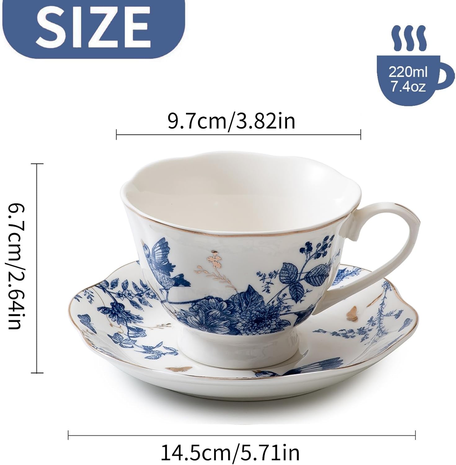 Tea Cup Set of 2, Coffee Cups with Saucers 7 Oz (200ml) Vintage Floral Porcelain with Gold Trim Teacups, Cappuccino Cup, Latte Mugs for Mother's Day, Party, Birthday Gifts - Image 2