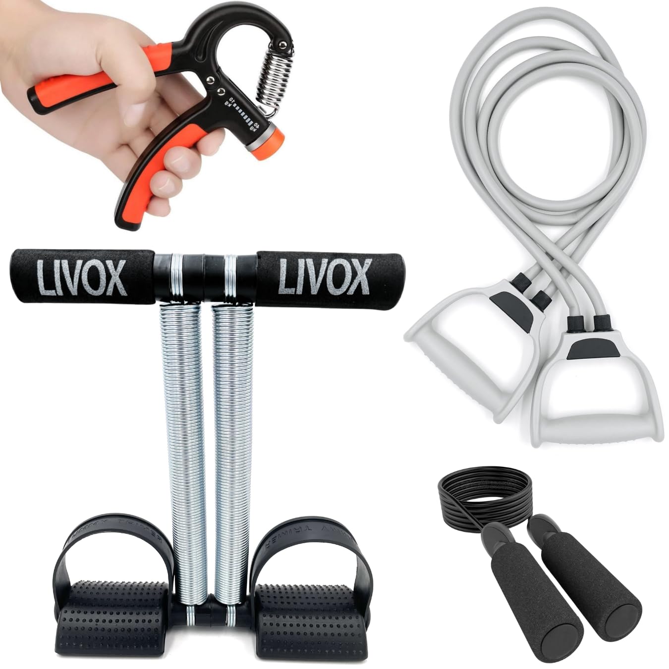 Livox Gym Exercise Equipment Home Workout Combo Set for Men and Women (Tummy Trimmer, Hand Gripper, Skipping Rope, Toning Resistance Band) – Pack of 4-picture-30