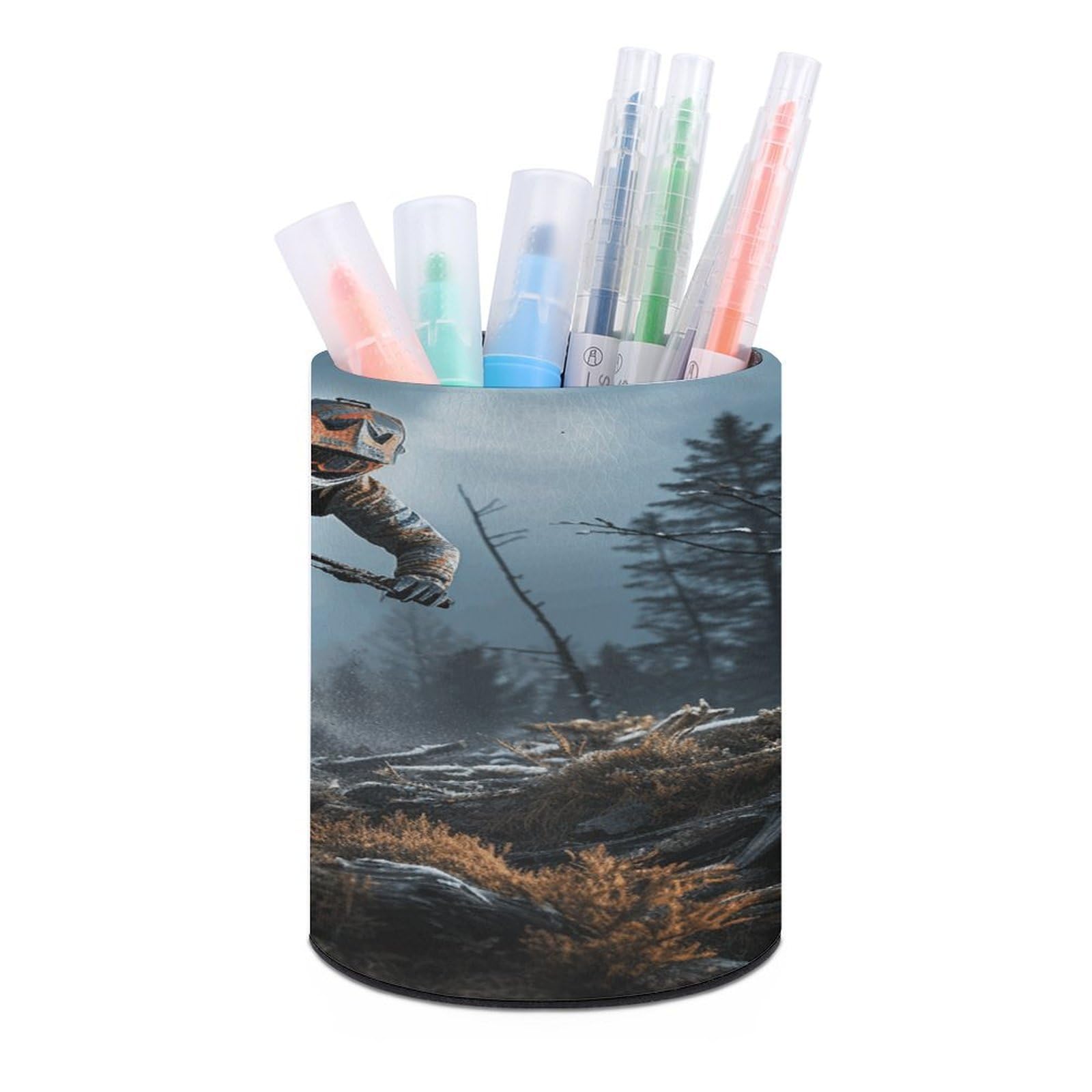 FekiLoot PU Leather Round Pen Holder Mountain Bike Tournament Pencil Holder Desk Organizer Pen Organizer Pen Cup Pencil Cup Caddy Desktop Stationery Organizers for Office Home Supplies