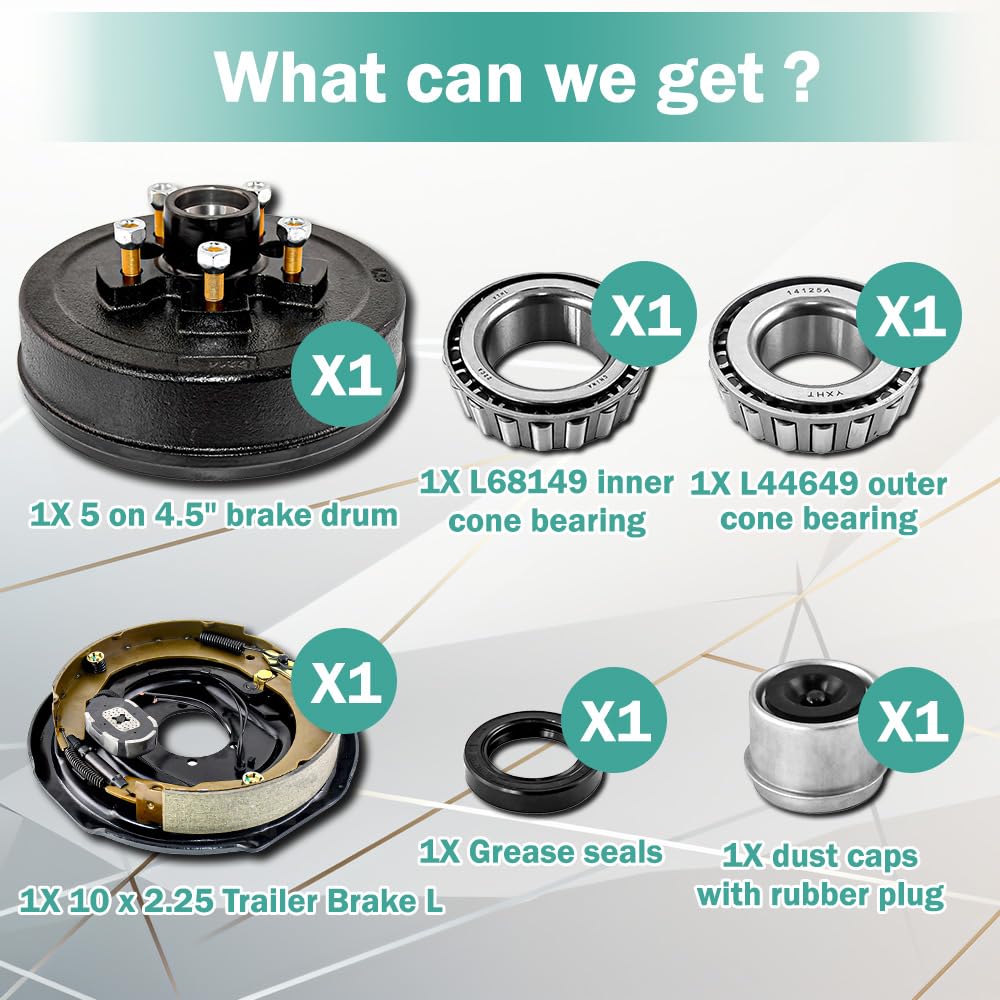 Piasty do przyczep z hamulcami elektrycznymi 5 na 11.4 cm B.C. z hamulcem elektrycznym 25.4 cm x 5.1-0.6 cm lewa strona do osi 1,587.6 kg Heavy Duty Trailer Hub Drum Brake Kit