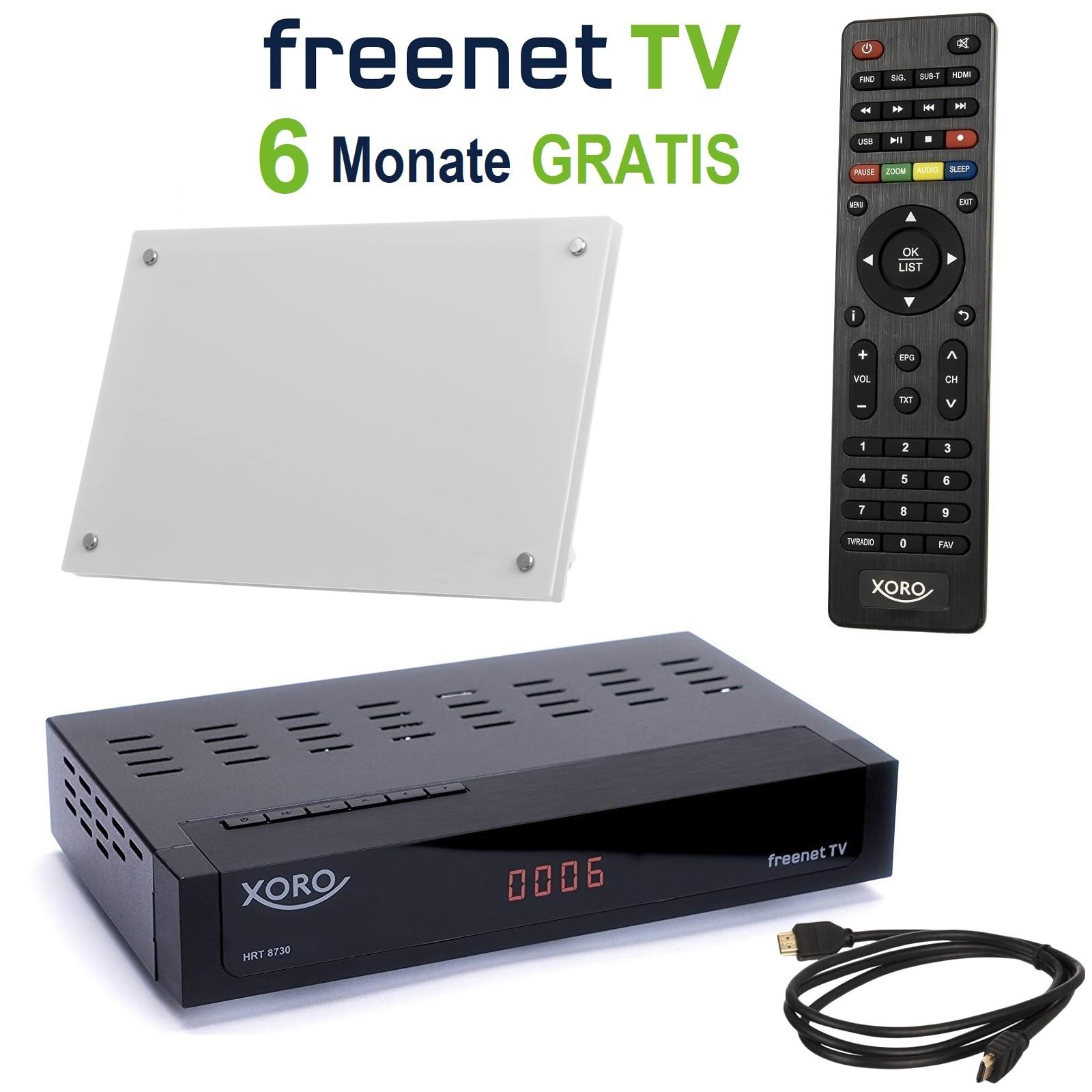 Xoro HRT 8730 KIT DVB-T2 Receiver (6 Monate FREENET TV) + aktive DVBT-2 Antenne + HDMI Kabel, HDTV, PVR Ready, USB Mediaplayer, schwarz