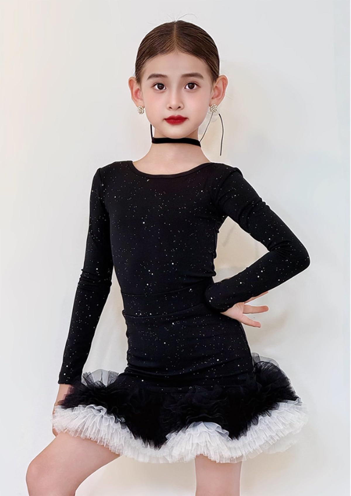 Abito da Ballo Latino A Maniche Lunghe per Bambine Gonna da Competizione per Tango E Balli da Sala per Feste Costume da Ballo Salsa Cha-Cha Abito da Allenamento per Spettacoli(150Cm)