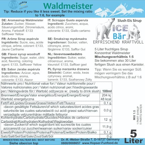 Foto von Ice Bär Slush Konzentrat Waldmeister Geschmack 5 L | Ergibt 30 L Slush | Glycerinfrei & AZO-frei | Fertigmix ohne Zuckerzusatz | Sirup für Slushmaschine & Frozen Drinks | Made in Germany