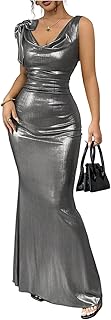 Women's Sexy Open Back Shiny Metallic Maxi Dress Cowl Neck Bow Bodycon C...