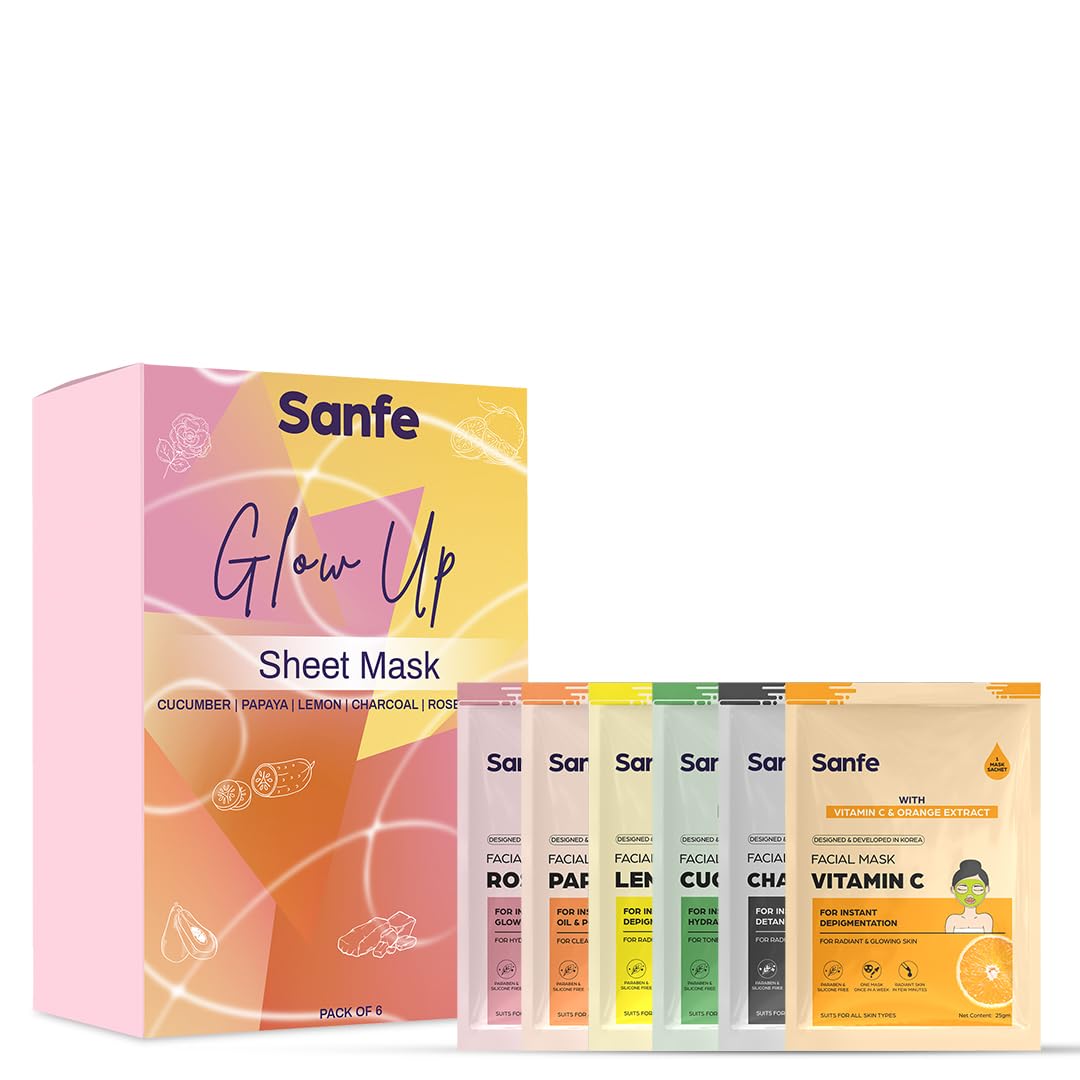 Sanfe Glow Up Sheet Mask (Pack of 6) | Korean Facial Masks with Rose, Cucumber, Charcoal, Lemon, Papaya & Vitamin C | For Instant Glow, Hydration, Detan, Brightening & Oil Control | 150Gm-image-46