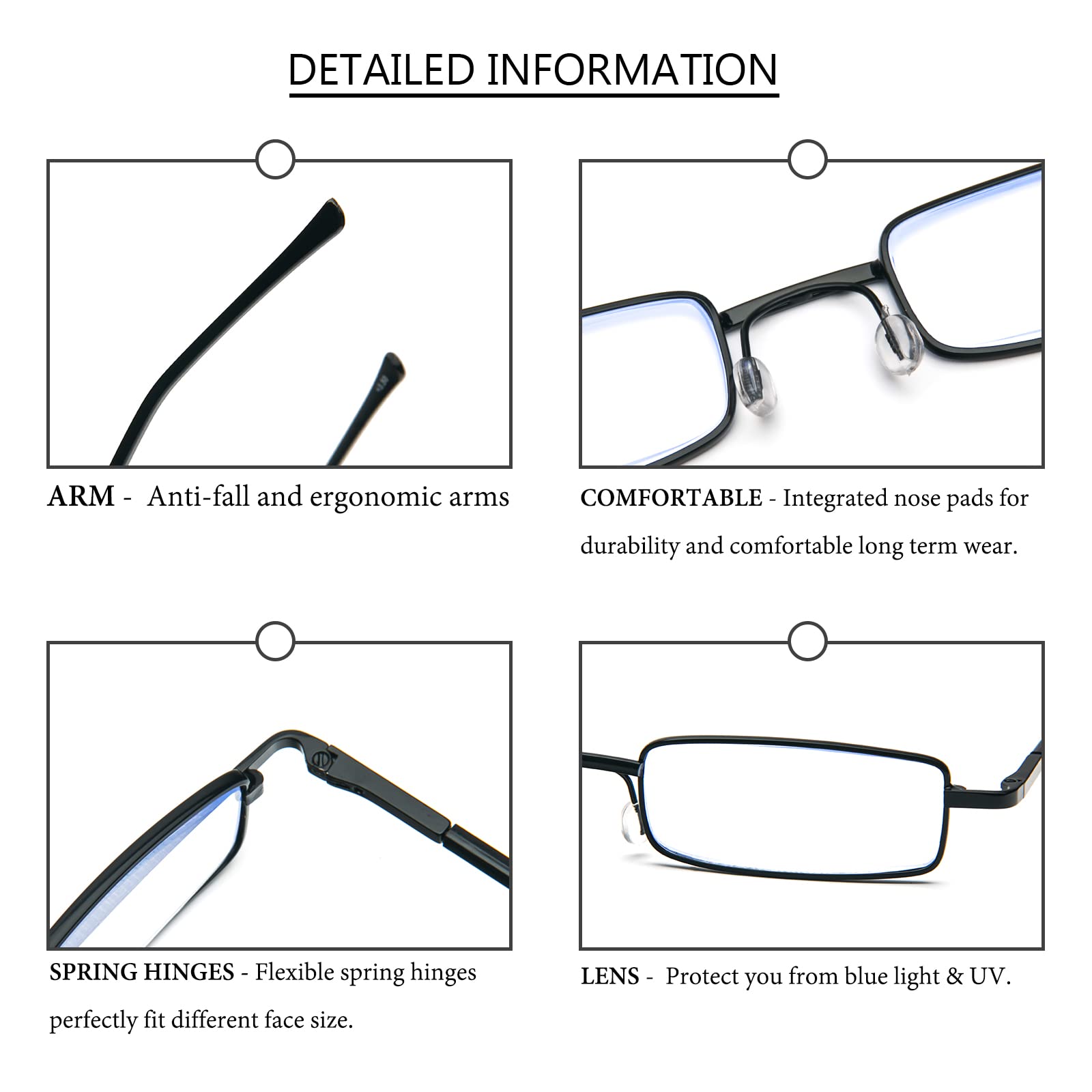 REAVEE Lesebrille, tragbar, schlank, für Männer, Frauen, Computer, Blau, Lichtblockierung, kleine Leser, Metallrahmen, Federscharnier, mit Tasche, 5 Stück