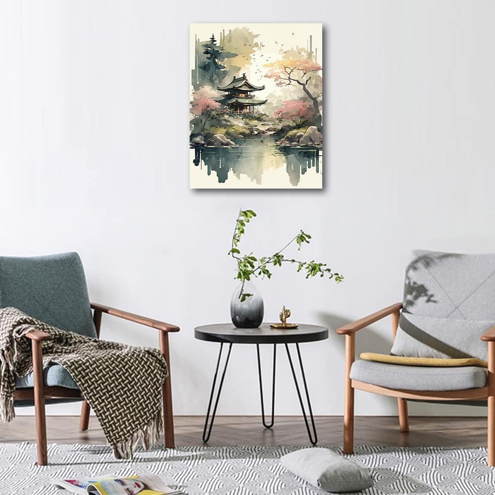 Paint by Numbers for Adults Enchanting Japanese Watercolor Paint by Number Kits Japan Landscape Paint by Numbers for Adults Beginner Abstract Artwork Wall Decor Oil Painting, 16"x 20" with Frame
