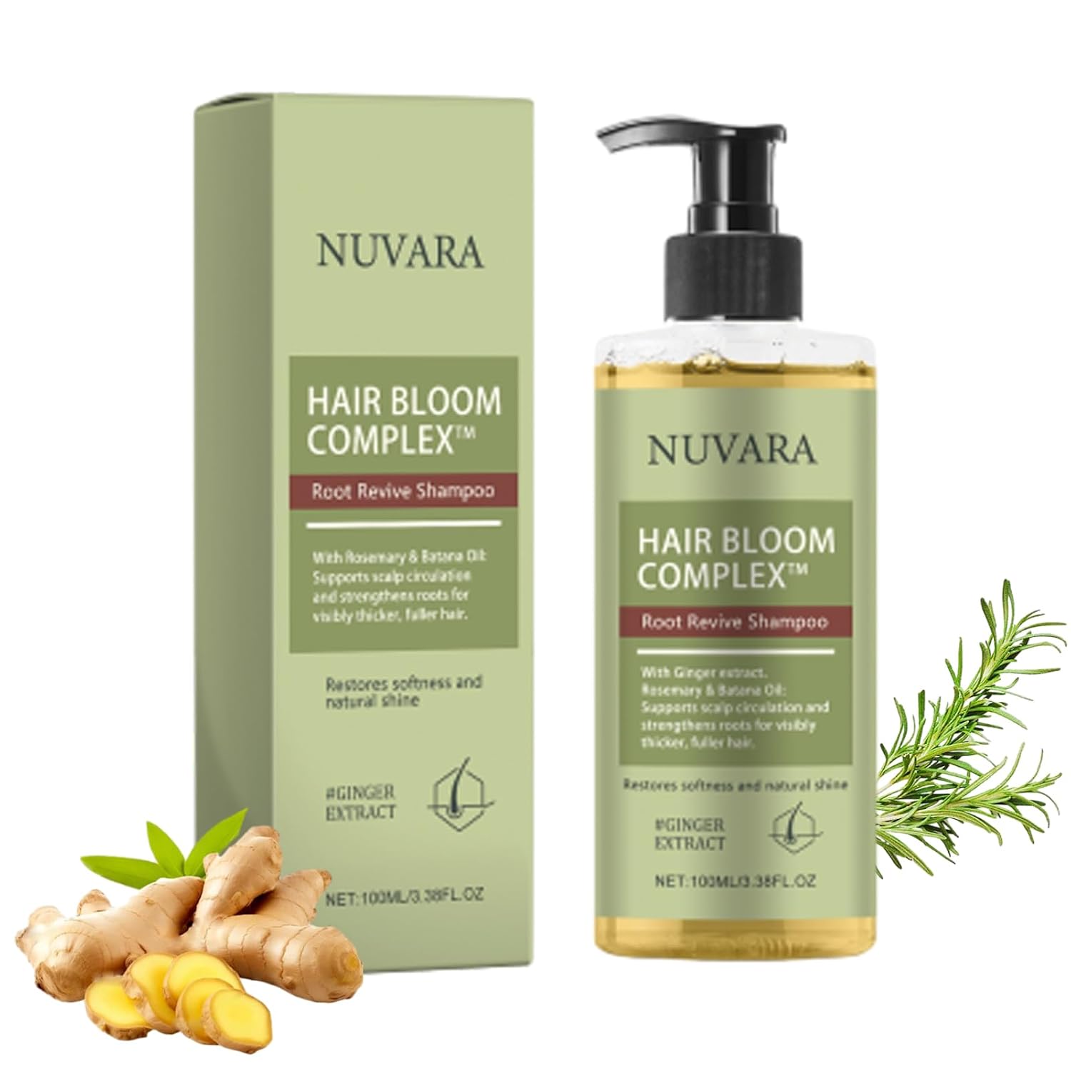 Nuvara Root Revival Shampoo, Nuvara for Thinning Hair, Ginger Anti-Hair Loss & Strengthening Shampoo, Volumizing for Fine, Strengthening for Damaged,100ML/3.38OZ (2 PCS)