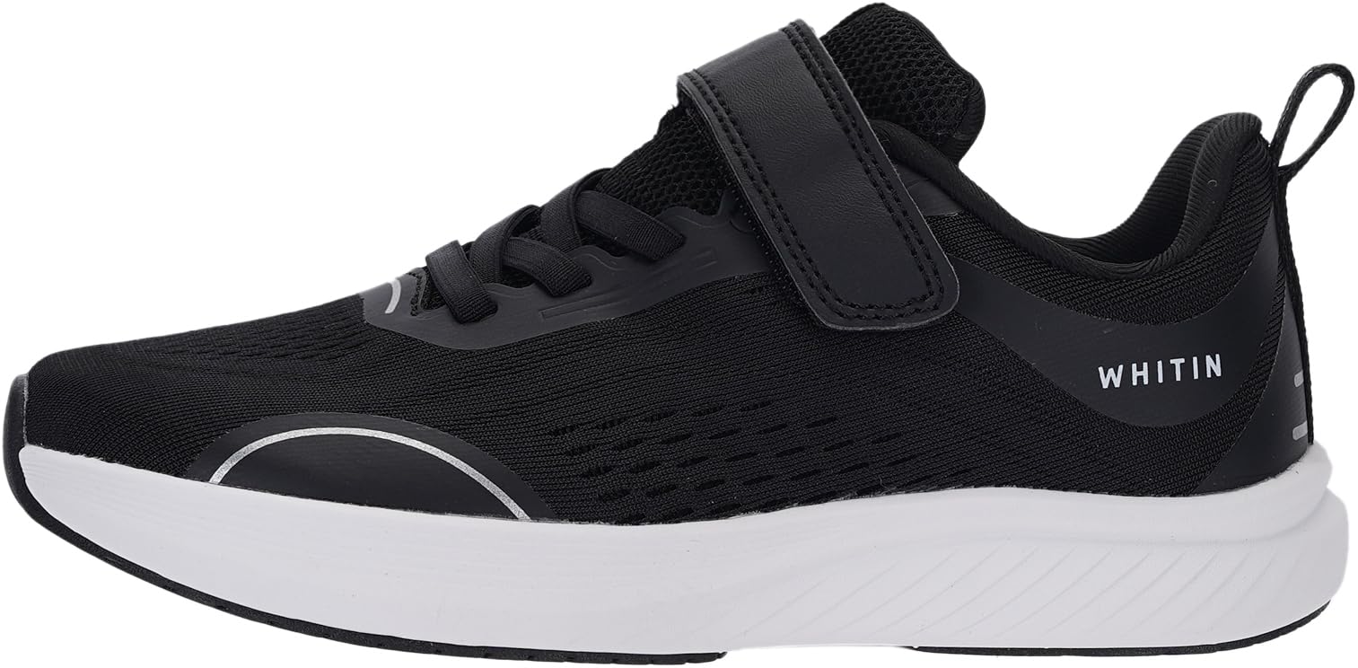 WHITIN Little Big Kids Wide Walking Shoes Width Zero Drop Tennis Sneaker Boy Girl Size 5 Comfortable Gym Road Running Hook and Loop Black 37