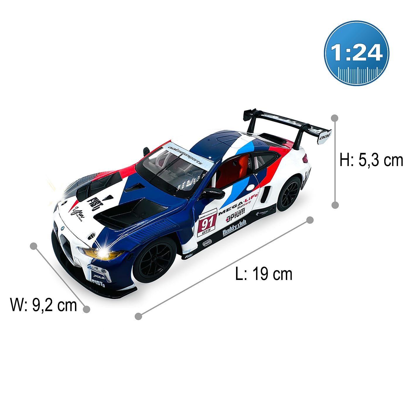 JAMARA 402625 BMW M4 GT3 Diecast 1:24 inkl. Knopfzellen - Modellauto Spielzeug, Kinder Car, Model Miniatur Fahrzeuge, Geschenkidee für Kinder, Türen Manuell öffnen/schließen