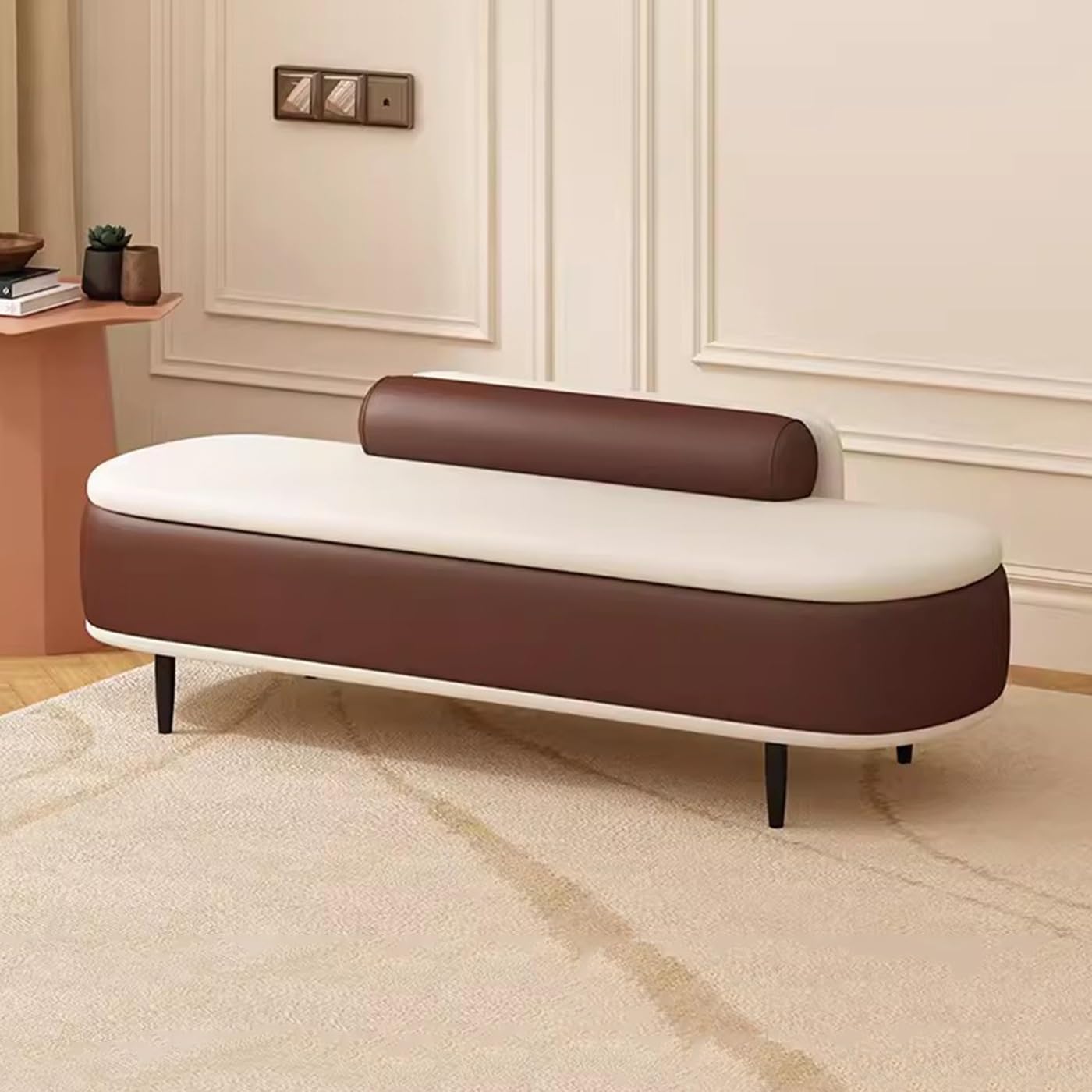 ZHANGshouf Faux Leather Ottoman Storage Bench with Lumbar Pillow Entryway Storage Box for Living Room Modern End of Bed Bench Footrest Stool Curry+Beige 100cm