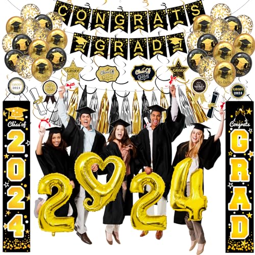 Black and Gold 2024 Graduation Party Decorations - Graduation Decorations Class of 2024 Banner, Ball