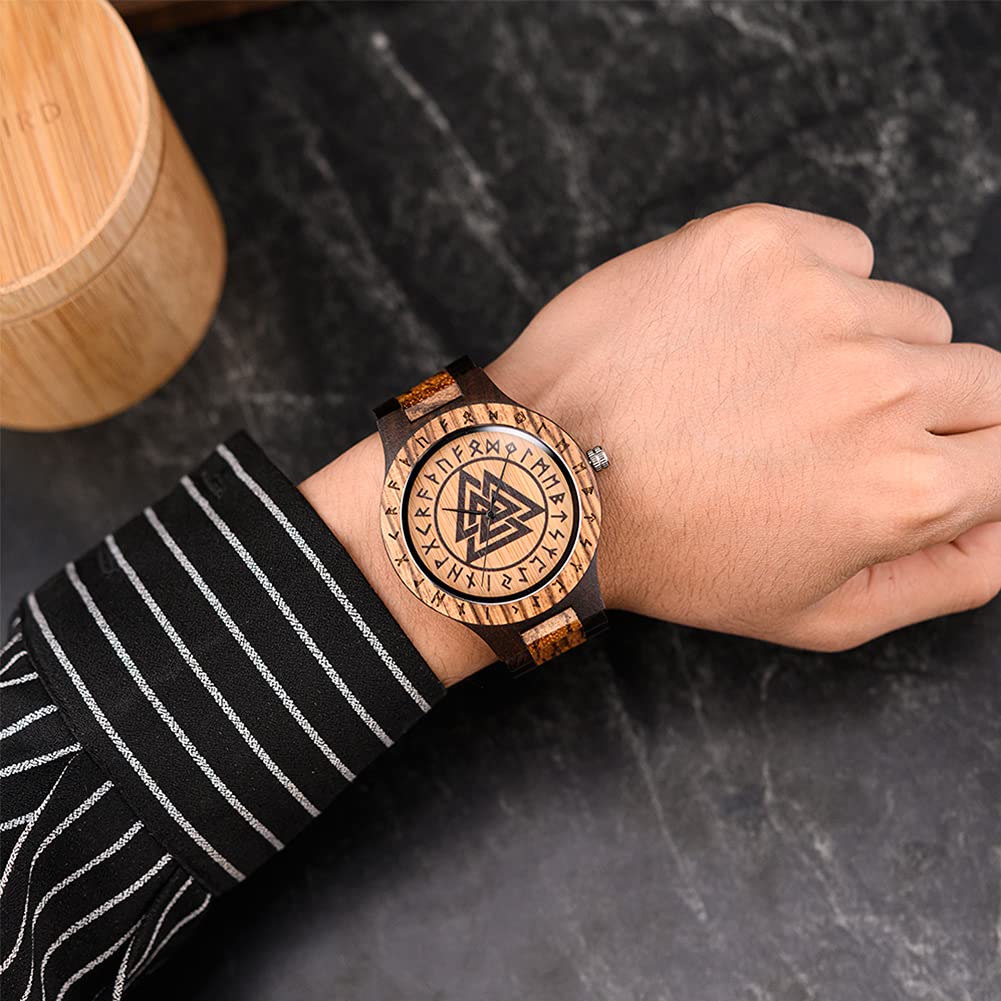 YCYR Orologio in Legno Fatto a Mano, Orologi al Quarzo con Simbolo della Runa Valknut Vichinga Norrena, Regalo di Gioielli con Catena Regolabile Vintage da Uomo