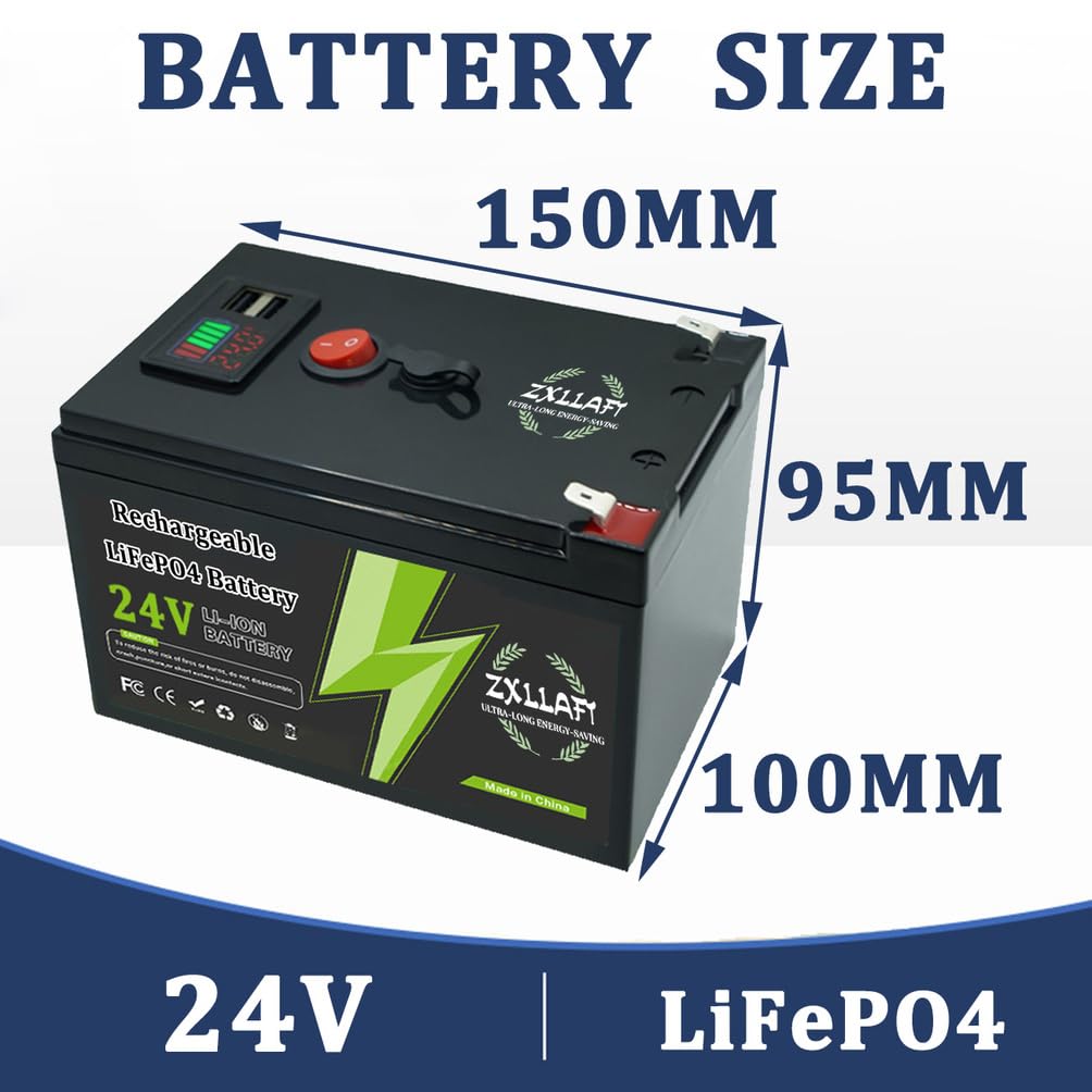 Batteria LiFePO4 24V 10Ah 8Ah Batteria al Litio 12Ah Batterie Ricaricabili 24V Batterie solari per Alimentazione di Backup con Porta USB e BMS per Motore da 100W a 300W,24v12ah