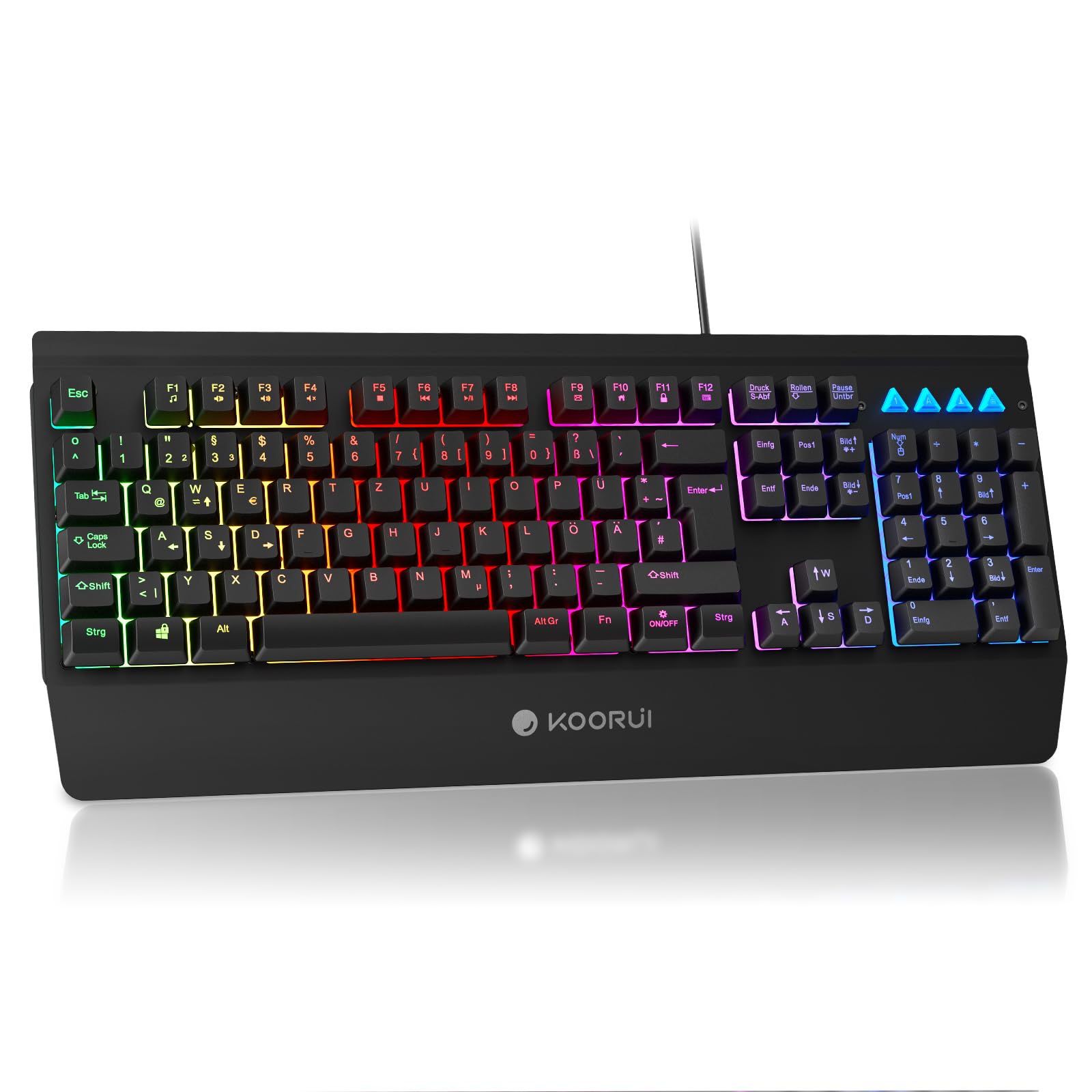 KOORUI Teclado para Videojuegos, diseño alemán QWERTZ con reposamuñecas, protección Fantasma, Cable USB, 12 Teclas Multimedia para Windows, MacOS Linux, Color Negro