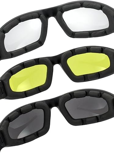 Miniatura 3 de LuckyStone 3 pares de gafas de protección UV para motocicleta, gafas de sol acolchadas para bicicleta, color amarillo claro ahumado