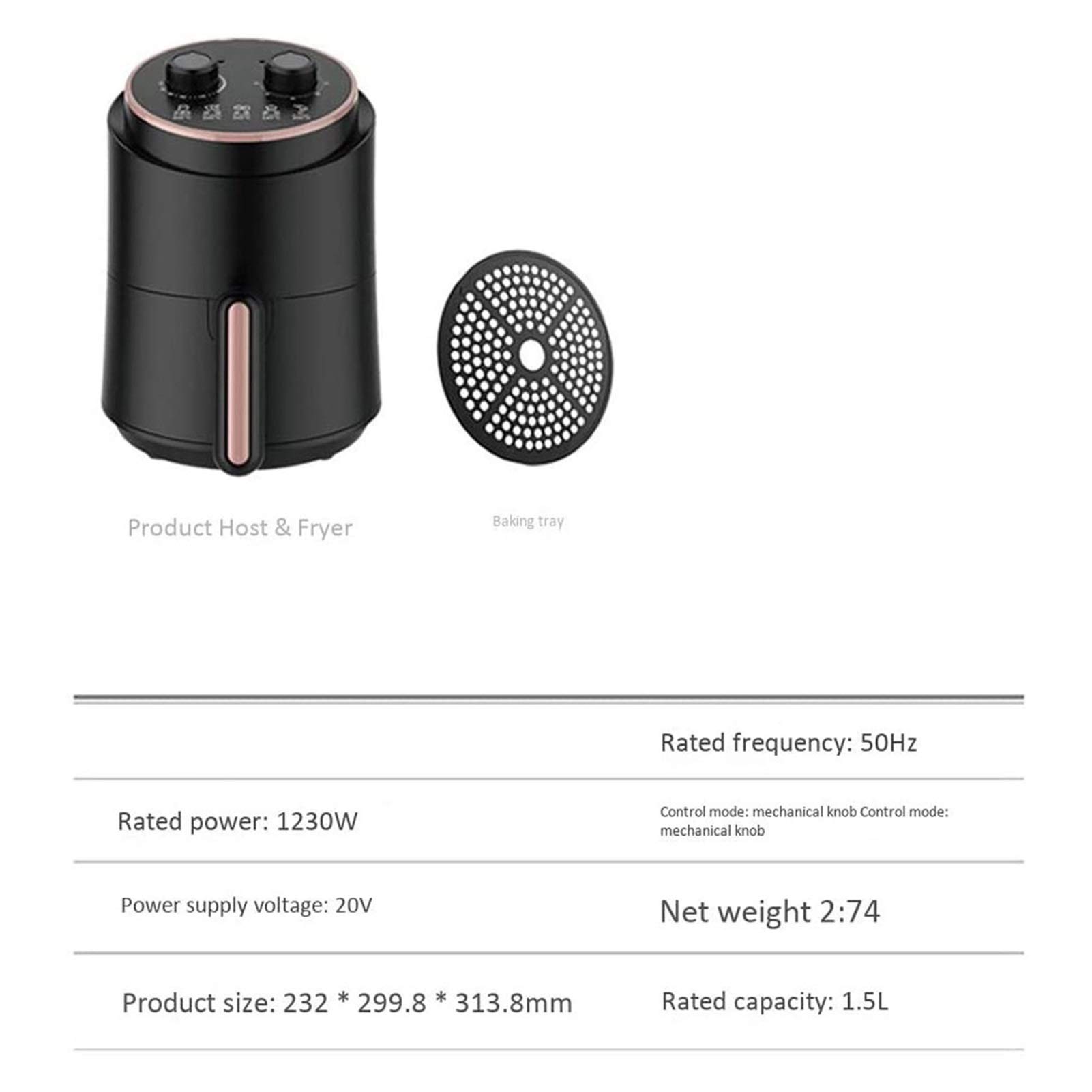 Frytkownica na gorące powietrze 1,5 l, bezolejowa, elektryczna frytkownica na gorące powietrze, nieprzywierająca, 1230 W