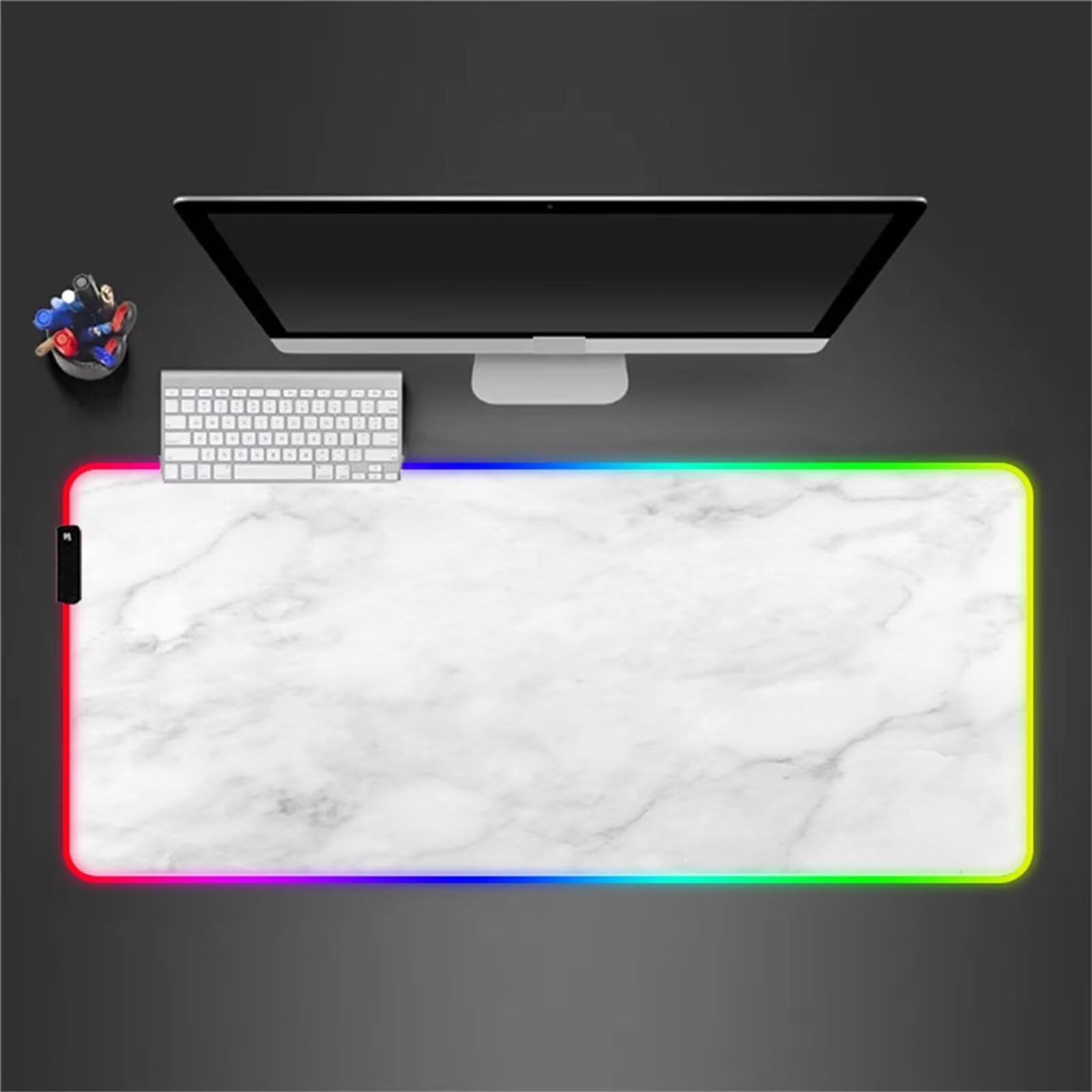 RGB Tapis de Souris Gaming Grand Tapis de Souris XXL 900x400x4mm 14 Modes d'éclairage LED Lumineuse Tapis de Souris Mouse Pad Rétroéclairage pour Gamer Clavier PC, Marbre Blanc
