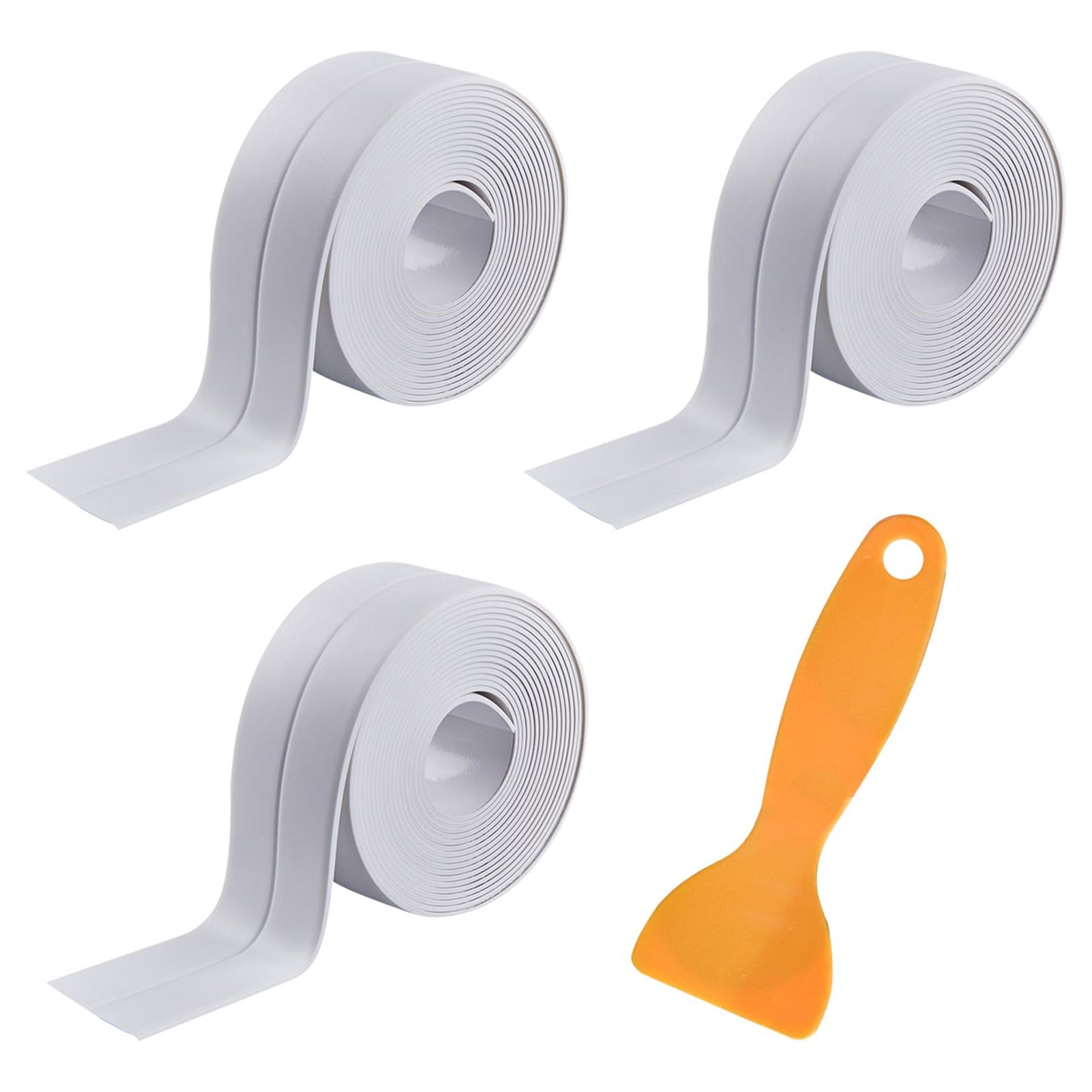3 Rolls Bath Sealant Strip, 38mm x 3.2m Self Adhesive Bathroom Sealant Tape Waterproof Caulk Strip White Shower Seal Strips for Toilet Bathtub Sink Wall Corner Kitchen