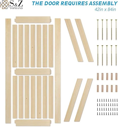 Miniatura 49 de S&Z TOPHAND 48" x 80", Puerta estilo granero British Brace de madera nudosa, sin terminar, con kit de herrajes para puerta corredera de 8', madera