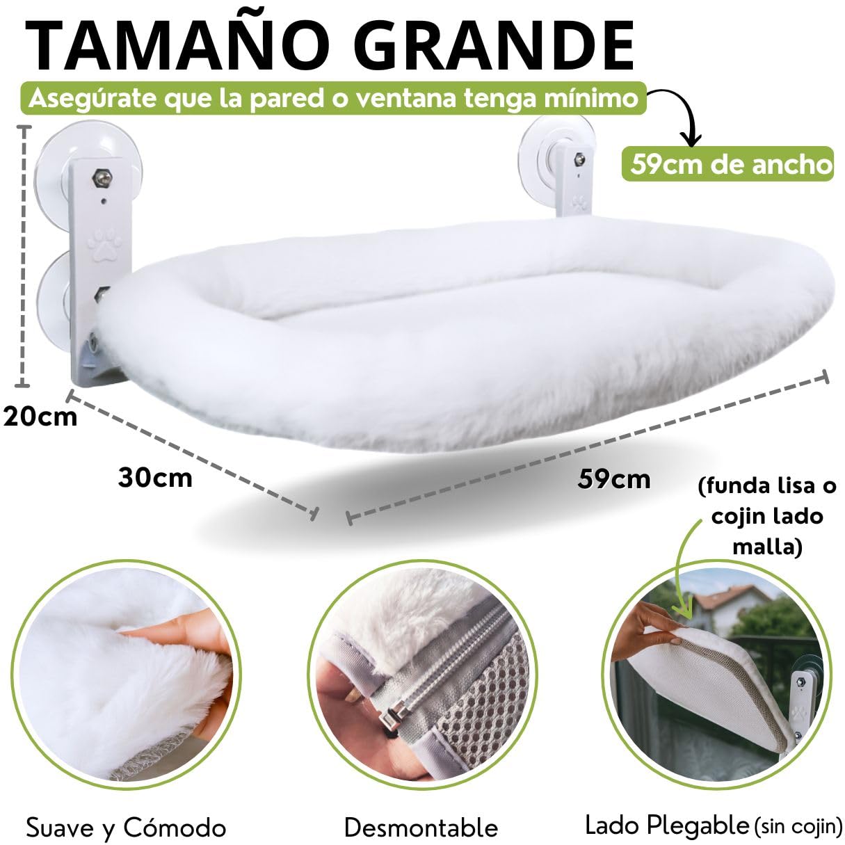 Hamac avec fenêtre pour chat avec coussin et housse pour chat + montage mural | Lit fenêtre pour chats jusqu'à 18 kg Réversible été hiver | Lit chat blanc