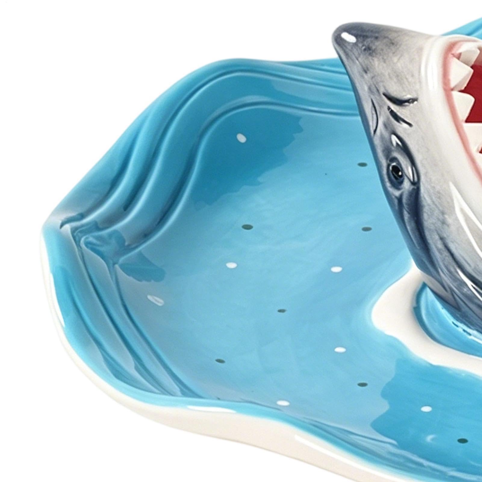 Fuente de Tiburón para Servir Plato de Cerámica Pintado a Mano para | Plato de Condimentos Temático del Océano para charcutería tacos cheeseburger mariscos camarón sardina snack palomitas