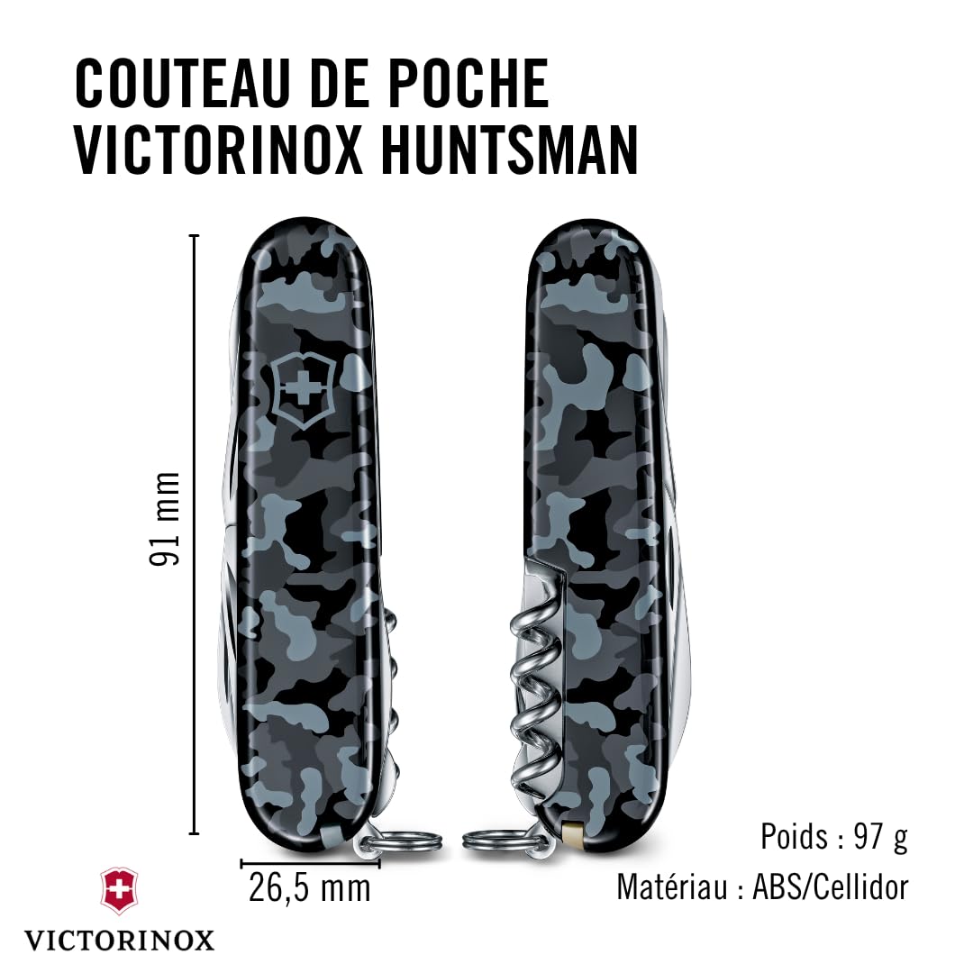 Victorinox Huntsman, Swiss Army Knife, Couteau de Poche Suisse, Léger, Multitool, 15 Fonctions, Grand Lame, Tire Bouchon, Ouvre Boite, Navy Camouflage