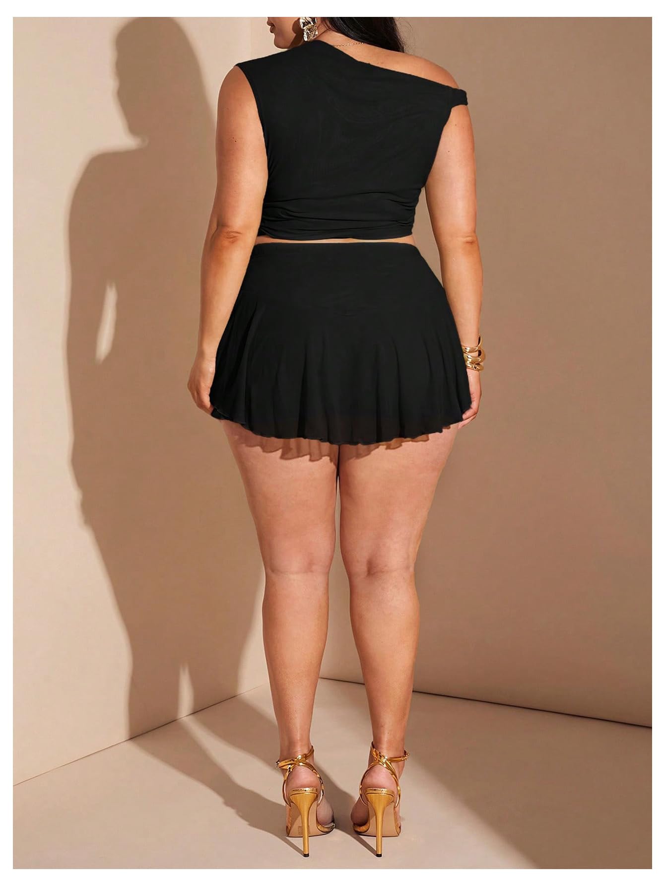 Verdusa Women's Plus Size 2 Piece Outfits Mesh Off Shoulder Crop Tops with Ruffle Skirt Summer Clothing Set: 4X-Large Plus Black