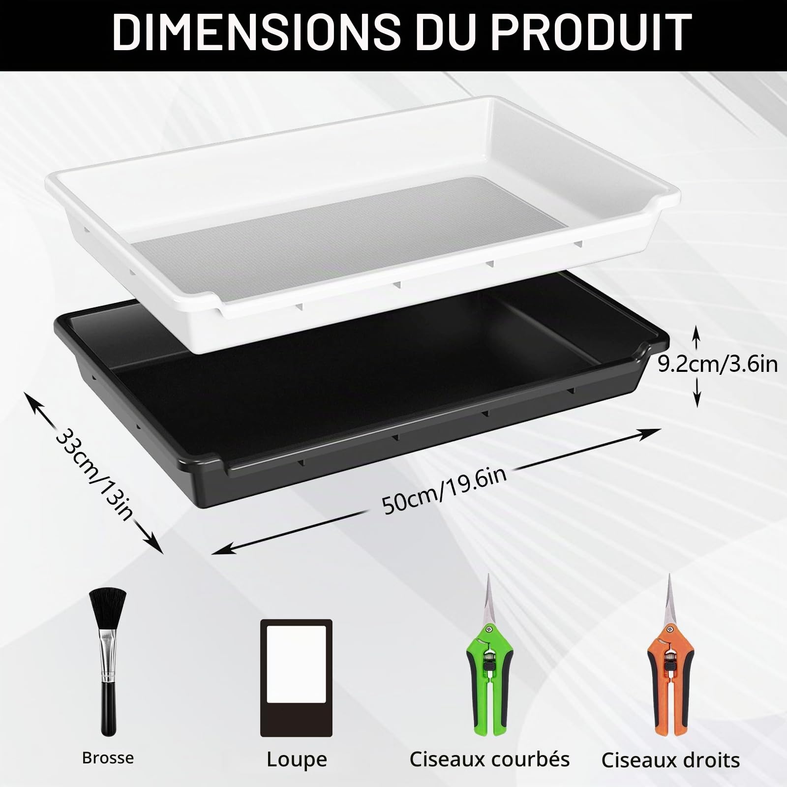 Plateau de Coupe, Bac de Finition avec Zone de Filtre de 15 * 10 Pouces Tamis à Pollen avec Deux Ciseaux Un Carte Grossissante et Un Brosse Accessoires de Culture avec Écran de 150 Microns Pour Herbes