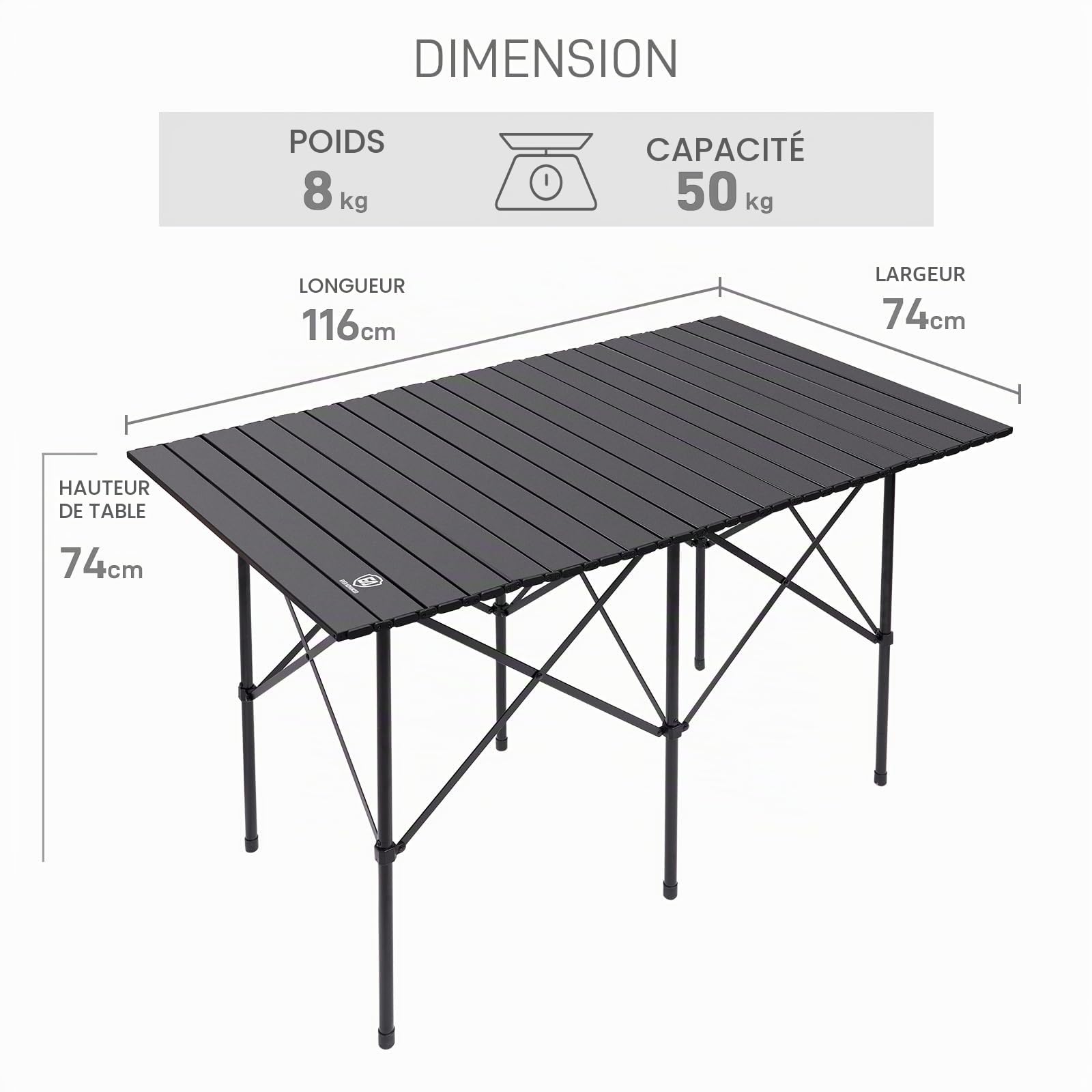 EVER ADVANCED Table Camping Pliable alu 116x70cm, 80kg | Table pliable alu 116x70cm pour 4-6 personnes, 80kg, sac inclus, camping, pique-nique, nior