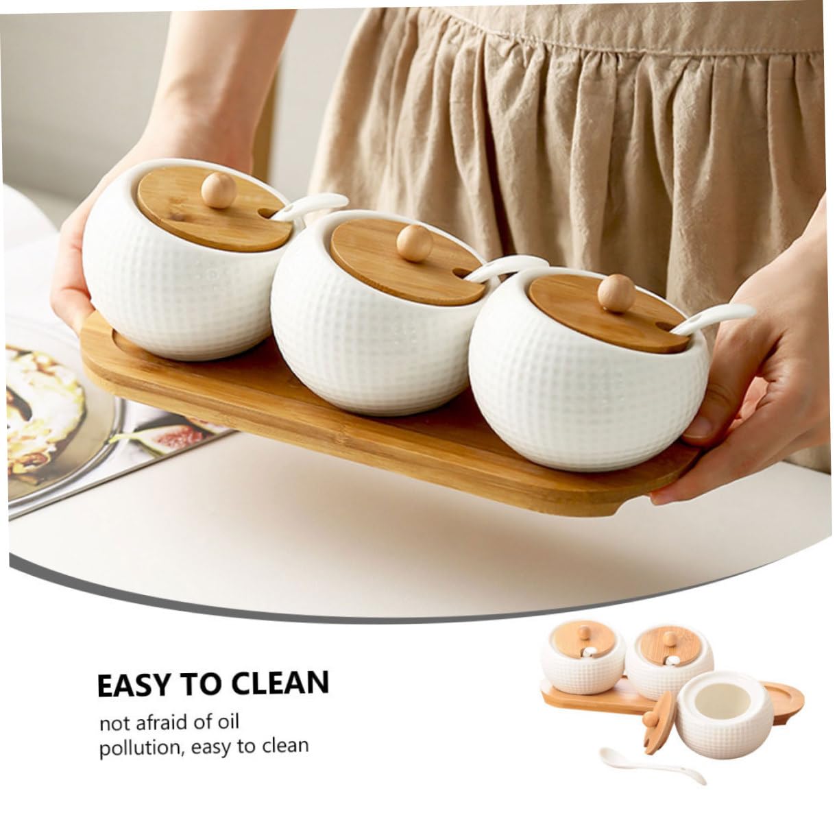 VALICLUD Set Barattolo per Spezie in Ceramica Bianca Coperchio | Cucinare, Legno Incluso, per Peperoncino in Polvere e Sale, Uso Domestico Versatile