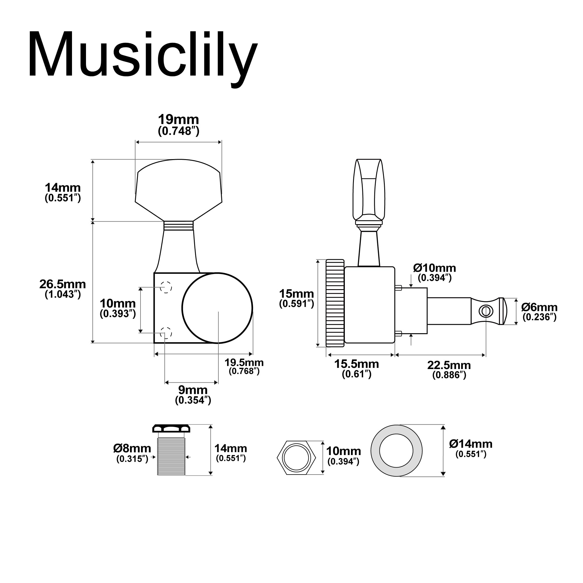 Musiclily Pro 6 in line 2-Pin Guitar Locking Tuners 15:1 Ratio Machine Heads Tuning Pegs Keys for SQ Strat Tele Style Electric Guitar, Nickel with Hex Button