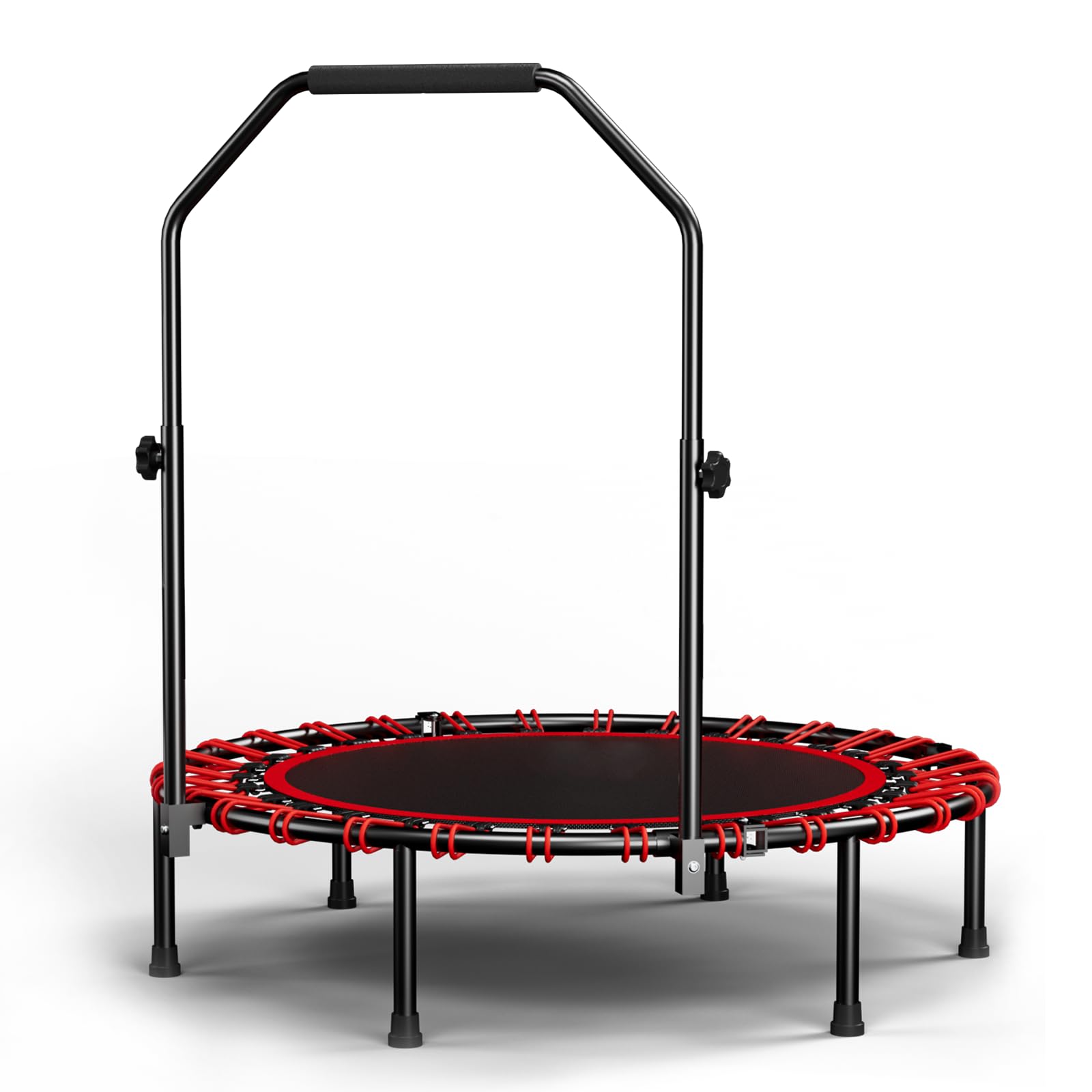 Trampolina fitness, składana, 101 cm, z uchwytem mocującym, mini trampolina z 30 linami bungee, cicha i przyjazna dla stawów, uchwyt N z regulacją wysokości, 6 nóg – trampolina do domu i cardio