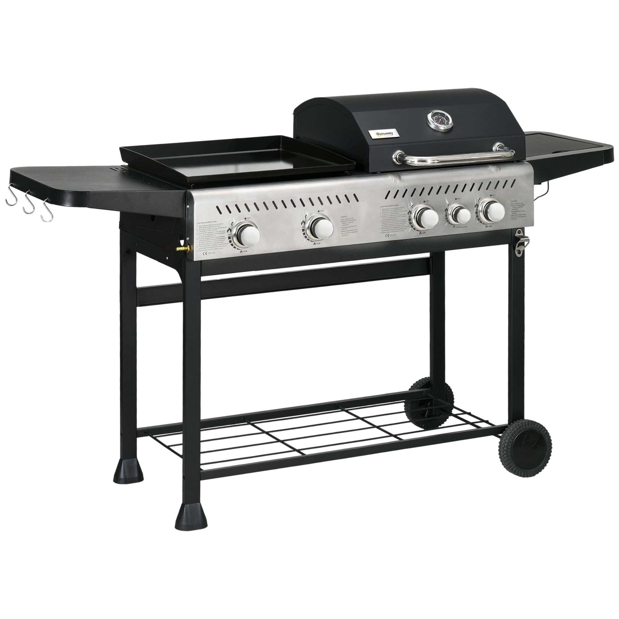 Outsunny 2-in-1 Gas BBQ and Plancha Grill, 15 kW 4+1 Burner Propane Gas Barbecue with Wheels, Warming Rack, Shelves, Thermometer, Bottle Opener for Garden Party Festival, Black