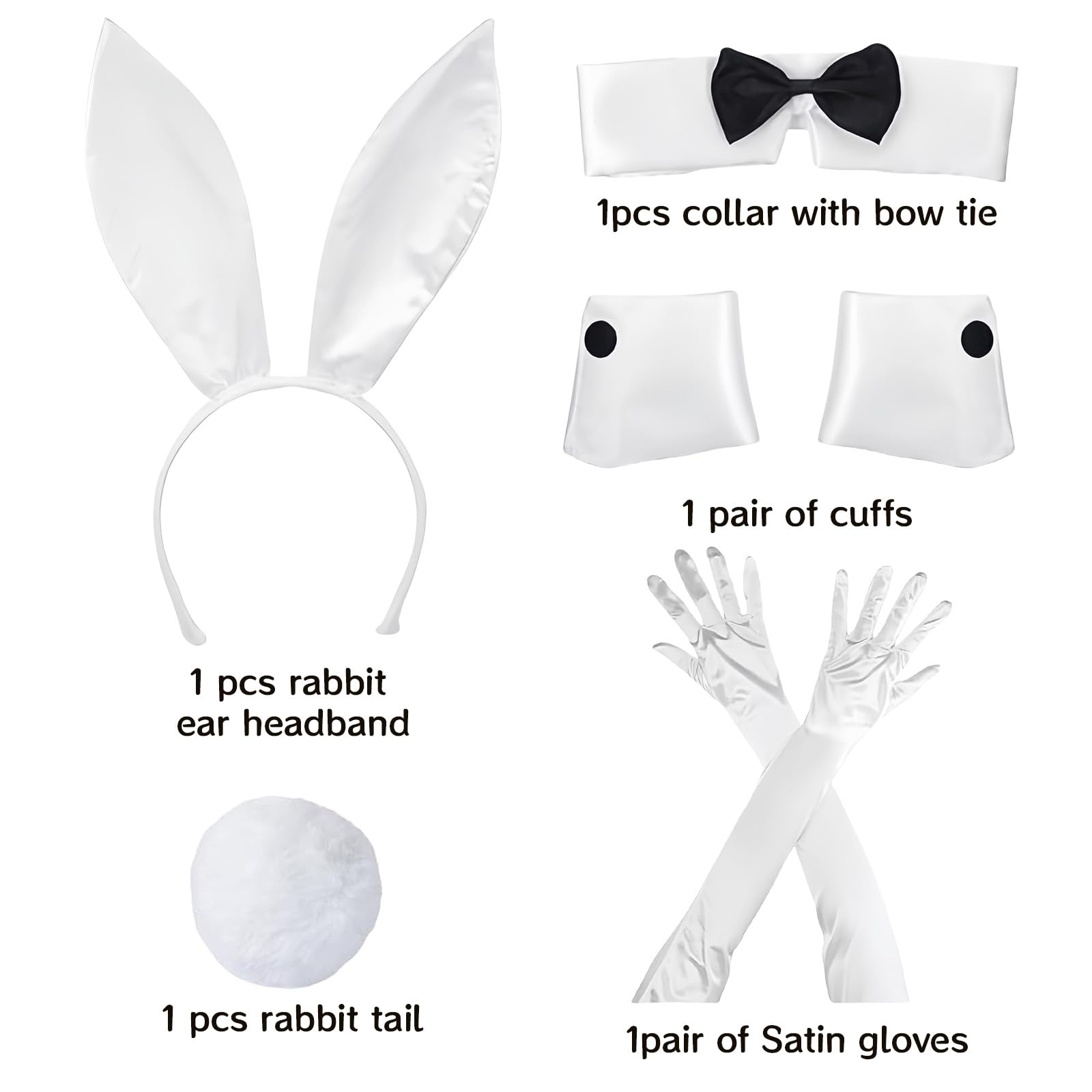 ASDIIT Women Rabbit Costume, White Bunny Ears Headband Bow Tie Tails Gloves - Image 2