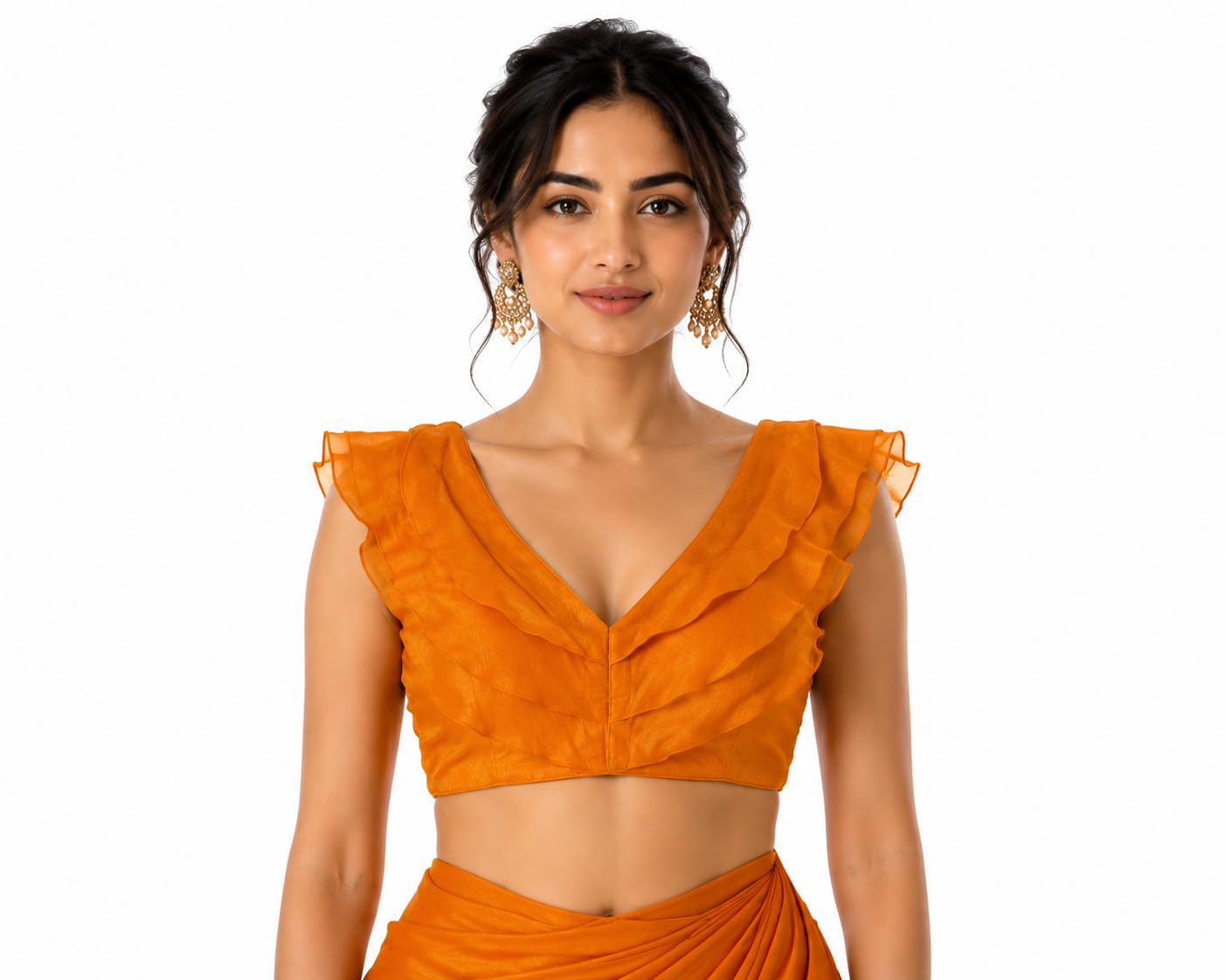 Women's Readymade Fancy Blouse, Orange, Ruffle V-Neck-image-27