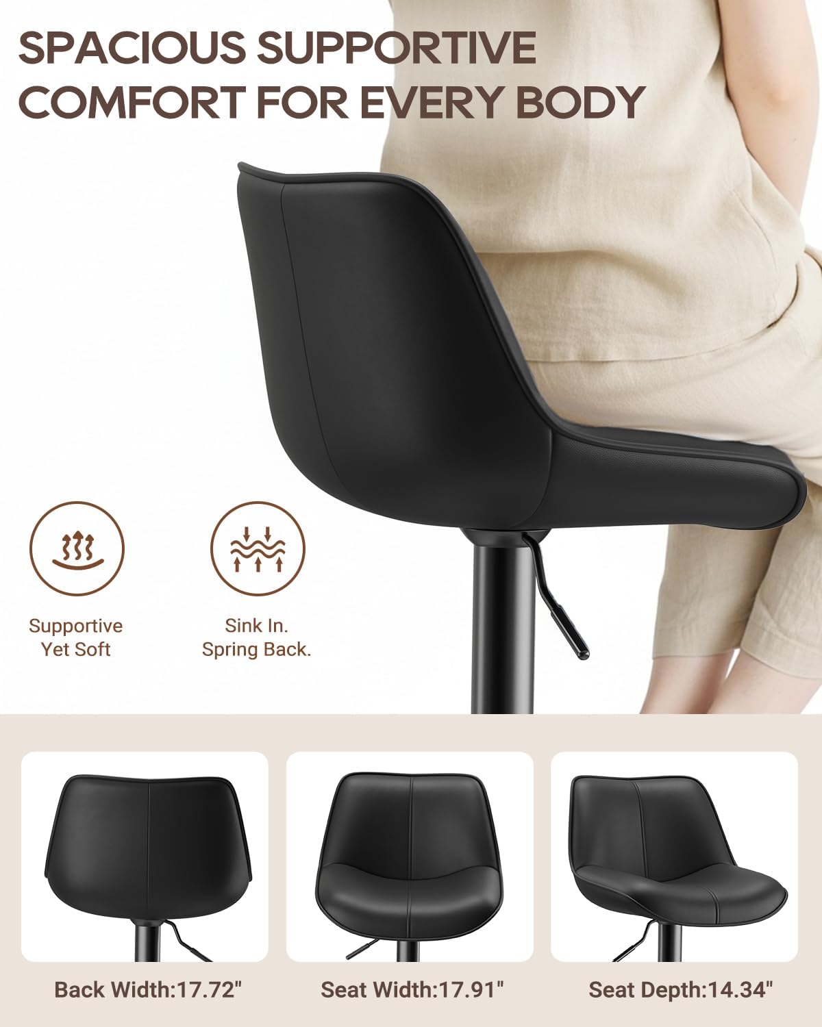 Bar Stools Set of 3, Adjustable Swivel Faux Leather Barstools 26-34inch with Footrests, Counter Height Island Chairs for Bar, Kitchen, Dining Room, Black