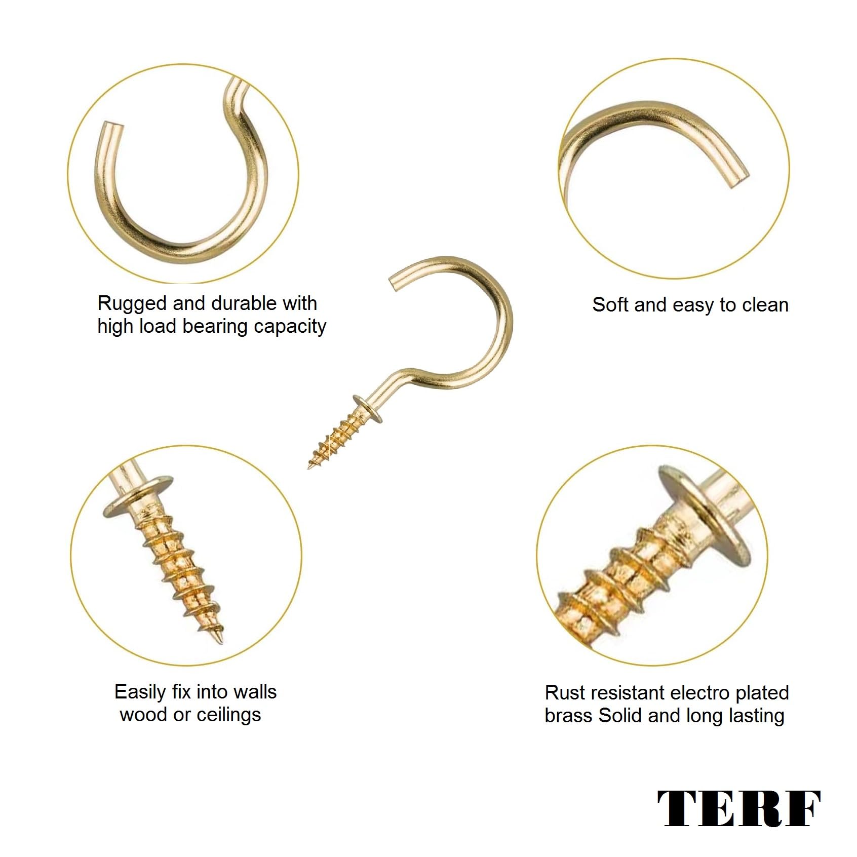 TERF® 30mm Round Bend Shoulder Cup Hook Screw 30mm (1.18 inch) Electro Brass Plated Cup Hook Hanging Screw for Office Home Garden Indoor Outdoor Use - Image 4
