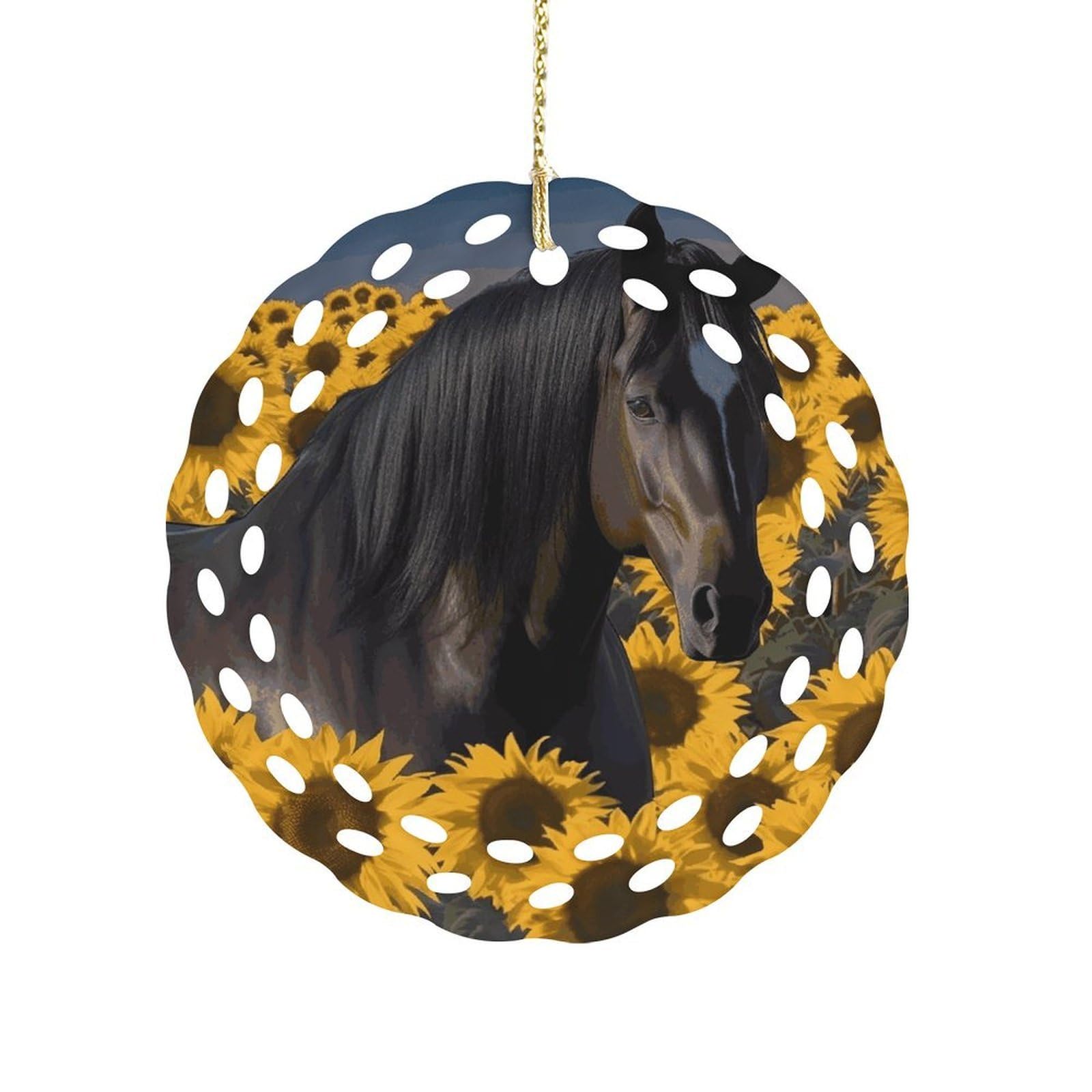 Btcowzrv Style Dark Horse Under The Sunflowers Ceramic Ornament,Round Ornaments With Hole Easy To Hang,Hanging Ornament For Wedding Party Home Window Garden Christmas Day Decor