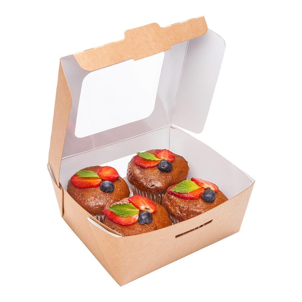 Restaurantware-Cafe Vision 28 Ounce Food Boxes, 200 Greaseproof Baked Goods Gift Boxes - Built-In Clamshell Lid, 2 Windows, Kraft Paper Brownie Box, For Meals And Desserts