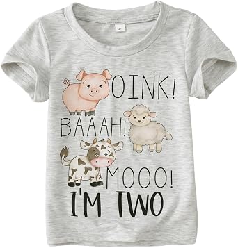 MODNTOGA Baby Boy 2nd Birthday T-Shirt Toddler Farm Animal Graphic Shirt 2 Years Old B-Day Party Top IM Two Short Sleeve Tee