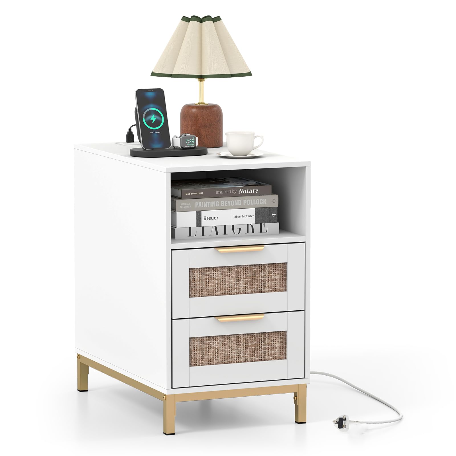 COSTWAY Bedside Table with Charging Station, Wooden Rattan Nightstand End Sofa Side Table with Drawers, Open Cubby, Back Storage & Metal Legs, Boho Narrow Accent Bedside Cabinet (1, White + Gold)